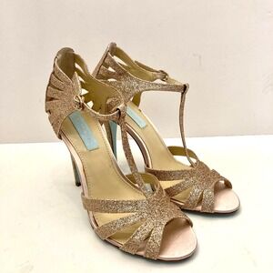 Betsey Johnson Heels‎ Womens 7.5 SB-Tee Dress Champagne Glitter T-Strap Peep Toe